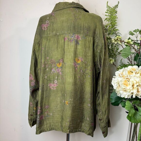 Free People | Found Floral Moss Camp Shirt Olive Green Button Down Medium - Picture 7 of 12
